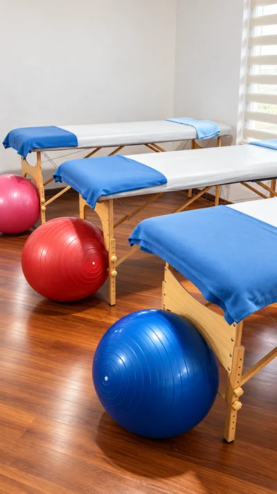 Sala de fisioterapia con camillas plegables y pelotas de ejercicio